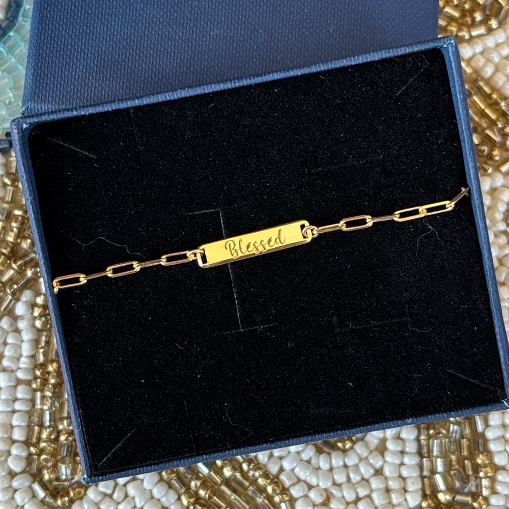 Brand New 14K Gold Plated 925 Sterling Silver "Blessed" Engraved Bar Bracelet
